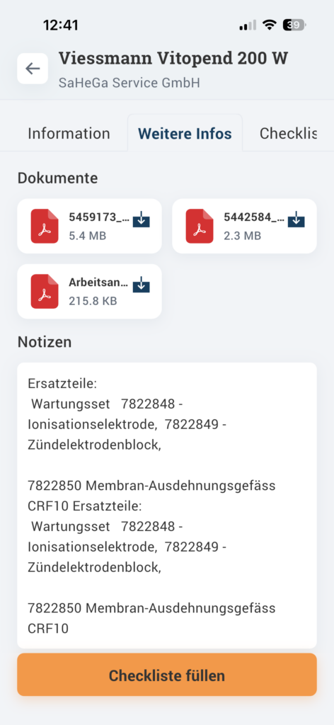 Wartungs App mit Anlagen Information